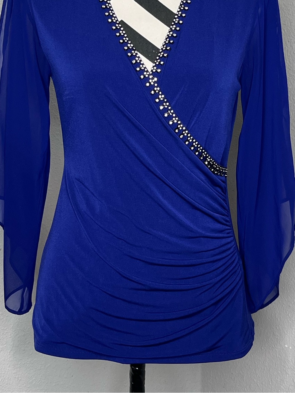 Royal Blue Sheer Bell-Sleeve V-Neck Faux Wrap Cocktail Evening Blouse Sz S - Picture 5 of 16